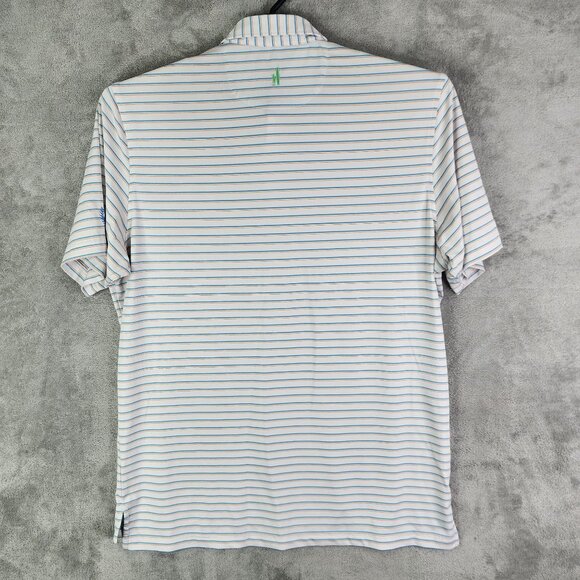 Men's Johnnie-O Polo Shirt UPF 50 White Blue Orange Striped Short Sleeve Size L - Picture 7 of 10